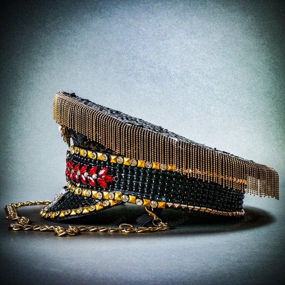 Black Military Captain Hat with Rhinestone and Gold chain For Burning Man Party - Picture 6 of 8